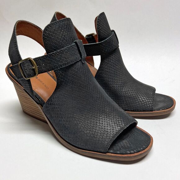 Lucky Brand Black Leather Labradite Wedge Heel Shoes Size 8.5 Open Toe Slingback - Picture 1 of 8